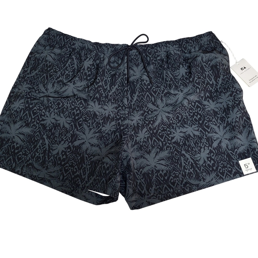 Free Assembly Mens 2XL Black Palm Print Twill‎ Swim Shorts 5" Inseam NWT